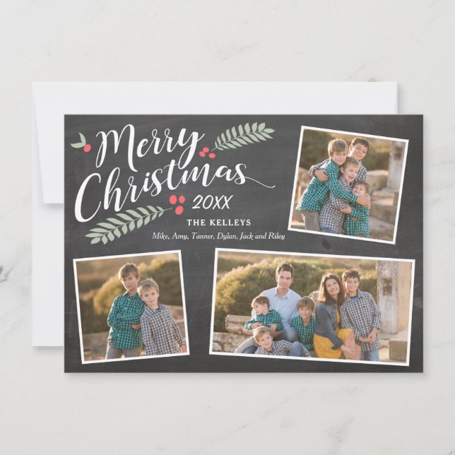 Holly och Berries God jul Three Photo Julkort (Framsida)