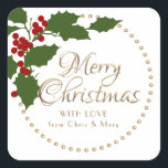 Holly och Berries God jul till och från Fyrkantigt Klistermärke<br><div class="desc">Klassy Stylized Holly och Berries Circles Gräns i ett färgat rött,  grönt och guld med God jul skrivet i ett genomarbetat präglat guld-typsnitt. En gräns av cirklar omger omkretsen. Ändra texten under God jul till "och Gott nytt år/2023" eller KÄRLEK FRÅN SANTA etc.</div>