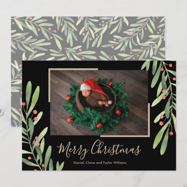 Holly och Berries Helgdag Photo Card Julkort (Fram/baksida)