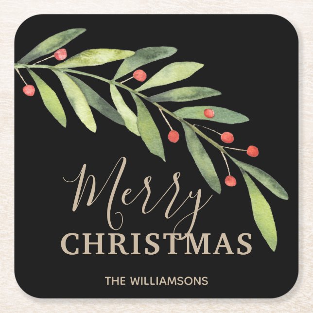 Holly och Berries på Black God jul Underlägg Papper Kvadrat (Framsidan)