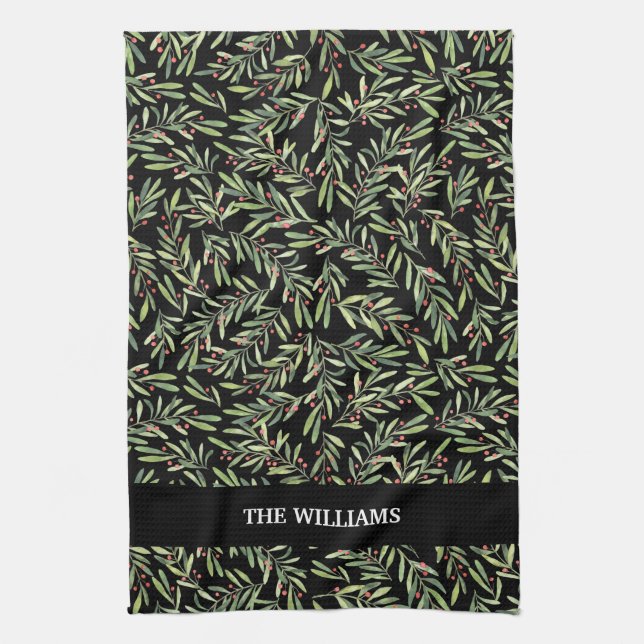 Holly och Berries på den svarta Helgdag jul Kökshandduk (Vertikal)