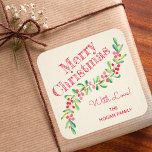Holly och Berries på Elfenbenskustens julafton Hel Fyrkantigt Klistermärke<br><div class="desc">Personlig SQUARE-klistermärken med en snyggt,  modern vattenfärg av grönt och röda bär på en blek elfenbensbakgrund rand med hälsning och information i chic. **ALLA STICKER FORMER är redan gjorda för dig. MATCHING-objekt i vår butik.</div>