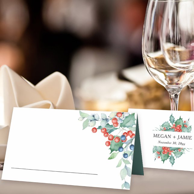 Holly och Berries Winter Wedding Placeringskort (Table place cards for winter wedding, christmas rehearsal dinner, festive wedding reception ..)