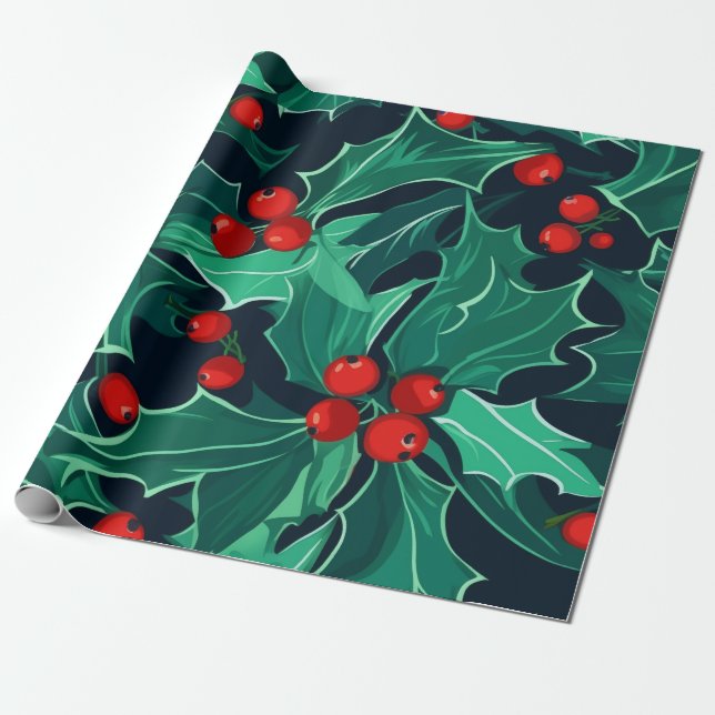 Holly och Berries Wrapping Papper Presentpapper (Utrullad)