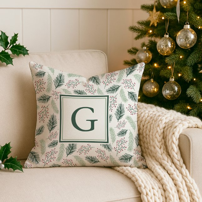 Holly och Gräs Monogram Helgdag Kudde (Skapare uppladdad)