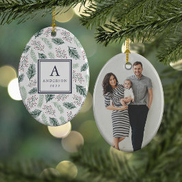 Holly och Gräs Monogram & Photo Dubbla Sided Julgransprydnad Keramik