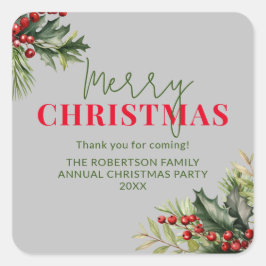 Holly och Gräs på Grått jul Party favors Fyrkantigt Klistermärke