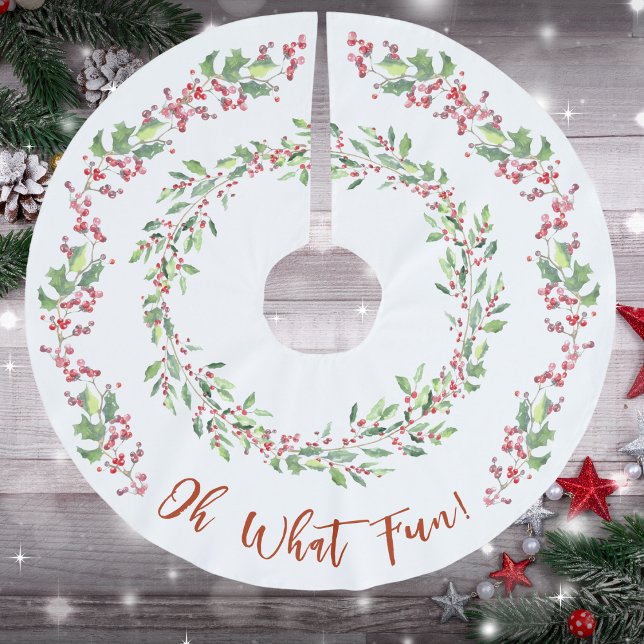 Holly och Ivy Red på vit jul Julgransmatta Borstad Polyester (Holly and Ivy, Red and Green, White, Oh What Fun! Brushed Polyester Tree Skirt)