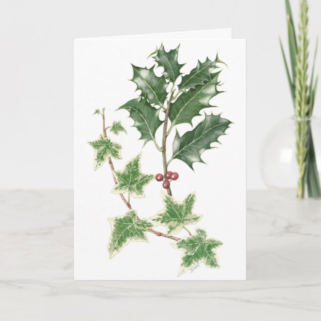 Holly och Ivy Sprigs i botaniskt julkort Helgkort (Framsida)