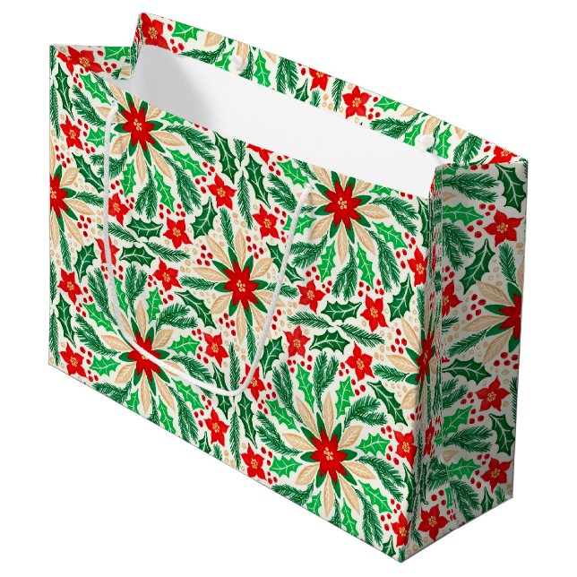 Holly och Poinsettia Botanical Helgdag Mönster (Framsidan Vinklad)