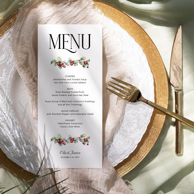 Holly och Red Berries Winter Wedding Meny (Wedding Menu from the Holly Bells Wedding Collection by Darling and May)