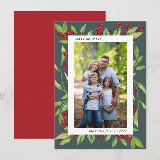 Holly och Watercolor Greenery Photo Helgdag Card Inbjudningar (Fram/baksida)