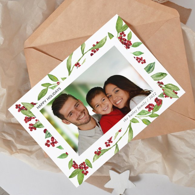 Holly och Watercolor Greenery Photo Helgdag Card Inbjudningar (Skapare uppladdad)