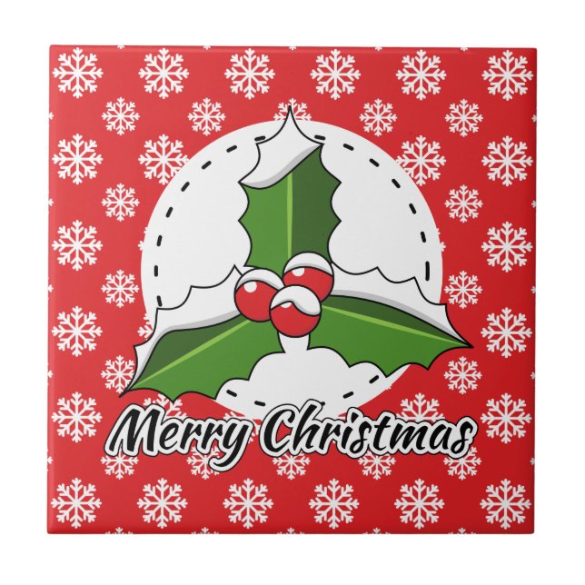 Holly på Red White Snöflingor Mönster - God jul Kakelplatta (Framsidan)