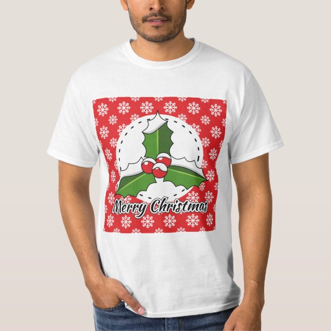 Holly på Red White Snöflingor Mönster - God jul T Shirt (Framsida)