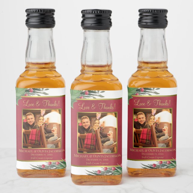 Holly & Pine Love & Thanks Wedding Photo Mini Spritflaskor Etikett (Flaskor)