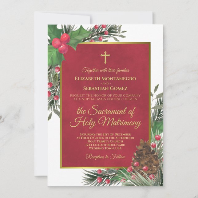 Holly & Pine Modern katolsk julbröllopsinbjudan Inbjudningar (Framsida)