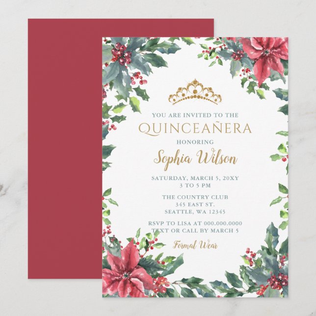 Holly Poinsettias Guld Princess Tiara Quinceañera Inbjudningar (Fram/baksida)