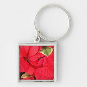 Holly Point Poinsettias Helgdag Blommigt Fyrkantig Silverfärgad Nyckelring