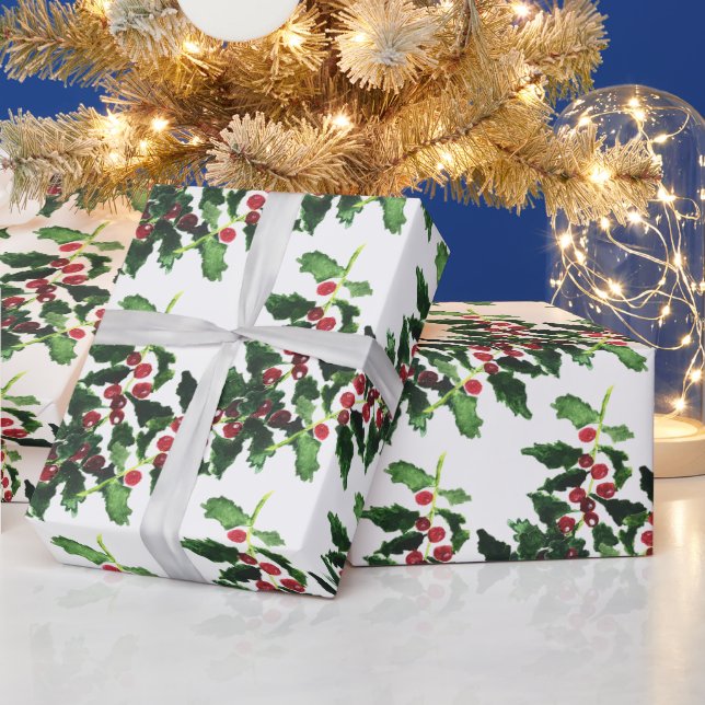 Holly Red Berries Botanical Christmas watercolor Presentpapper (Helgdagar)