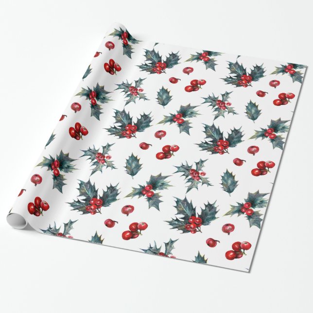 Holly Red Berries Presentpapper (Utrullad)
