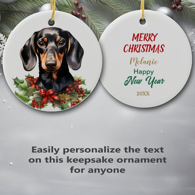 Holly Red Berry Black Tan Dachshund Hund Julgransprydnad Keramik (Skapare uppladdad)