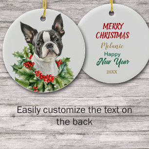 Holly Red Berry Boston Terrier Hund Julgransprydnad Keramik