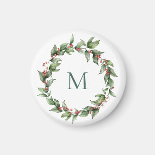 Holly Red Berry Monogram jul Magnet