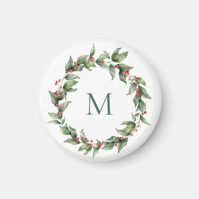 Holly Red Berry Monogram jul Magnet (Framsidan)