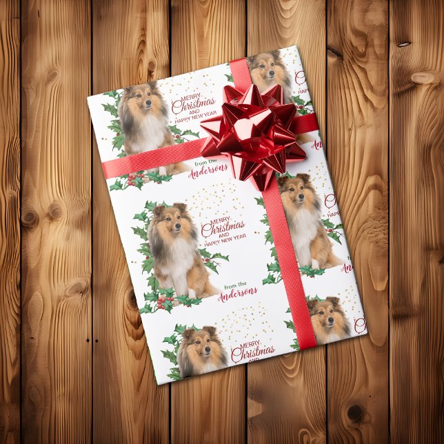 Holly Red Berry Shetland Sheepdog jul Presentpapper (Skapare uppladdad)