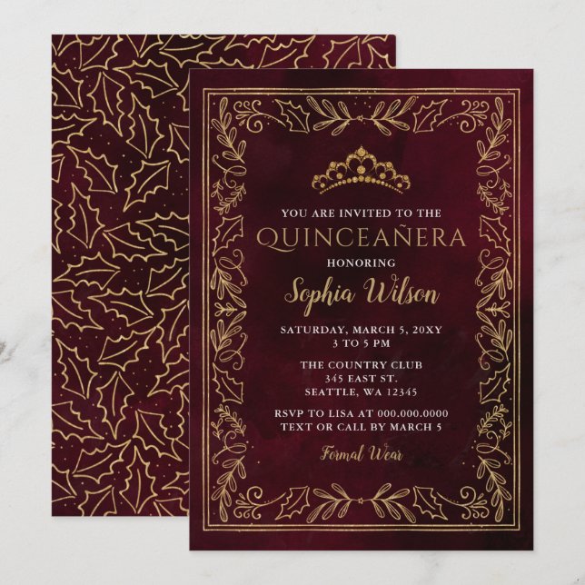 Holly Red Guld Princess Tiara Quinceañera Inbjudningar (Fram/baksida)