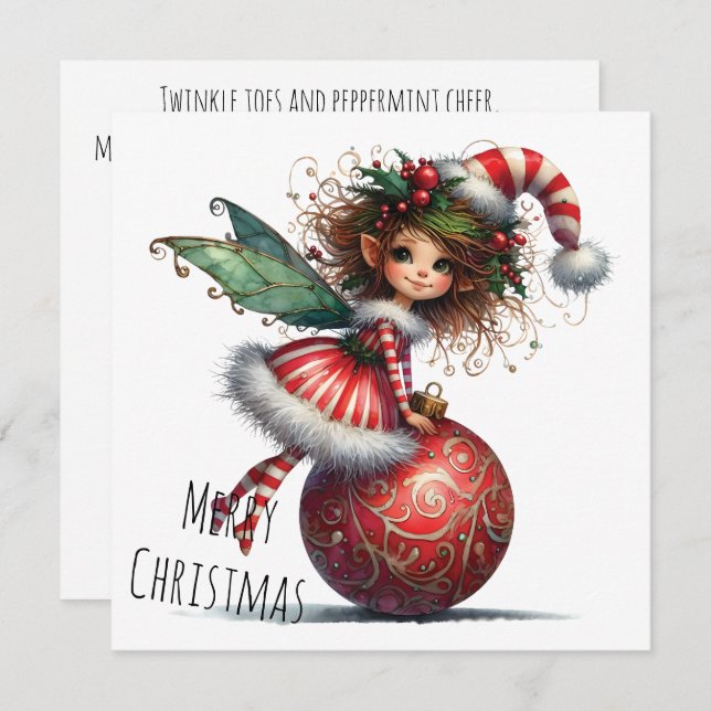 Holly-Topped Fairy on Ornament – Holiday Card (Fram/baksida)