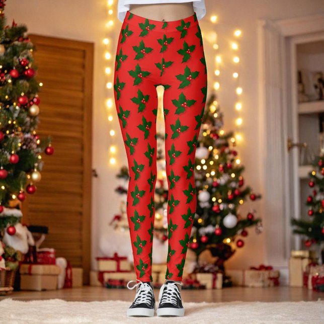 Holly Träd Berries Mönster jul Helgdag Leggings (Skapare uppladdad)