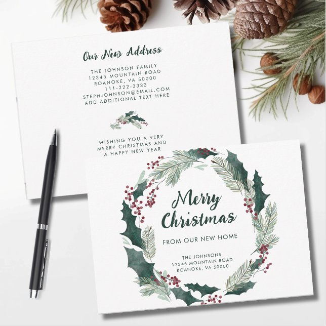 Holly Wandan God jul från New Home Meddelande (Holly Wreath Merry Christmas from Our New Home Announcement Flat Card with Envelope)