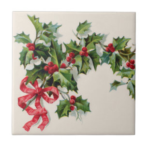 Holly Winterberry Red Ribbon Kakelplatta