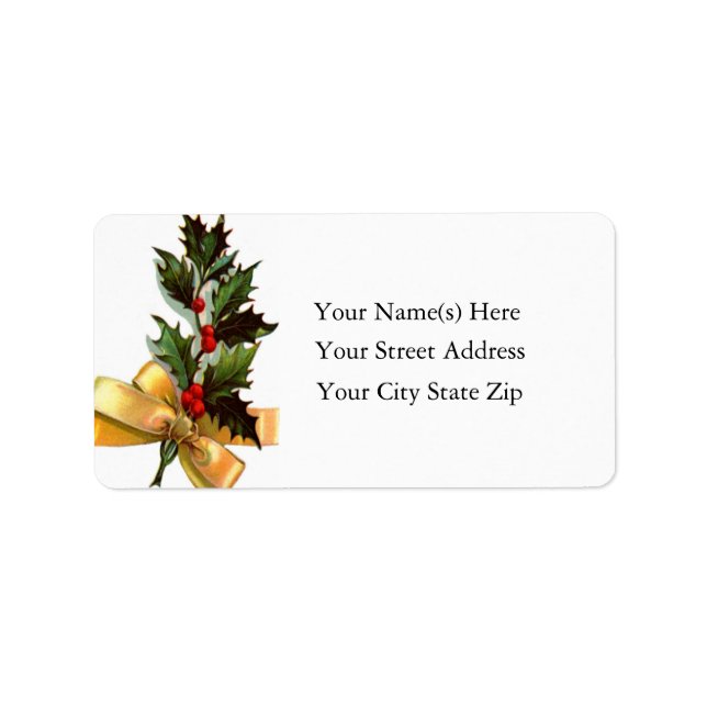 Holly with Guld Ribbon Vintage Address Label Adressetikett (Framsidan)