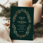 Holly Wreaths Mörk grönt Winter Wedding Inbjudningar<br><div class="desc">Den här festliga bröllopsinbjudan innehåller en mörk grönt bakgrund som är försedd med holländska vrak, röda bär och gräs grenar, som för julhelgens värme och charm till er speciella dag. Med sin rik helgdag-bild är denna inbjudan perfekt för par att planera en jul-bröllop och blanda säsong inslag med en elegant,...</div>