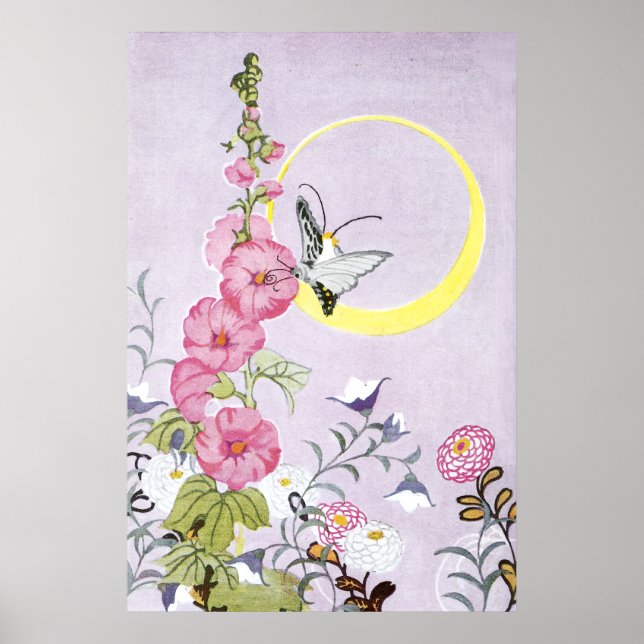 Hollyhock, Dahlia och Balloon Flowers Poster (Framsidan)