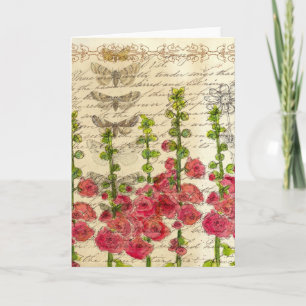 Hollyhock Flowers Butterflies Vintage Art Collage Kort