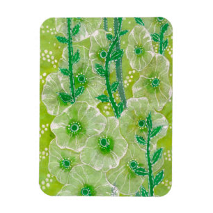 Hollyhock Mallow Flower Blommigt Art Painting Grön Magnet