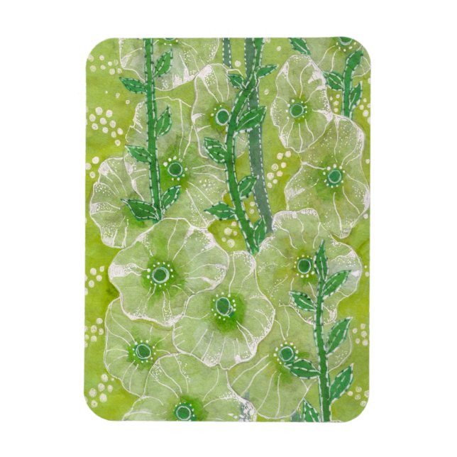 Hollyhock Mallow Flower Blommigt Art Painting Grön Magnet (Vertikal)