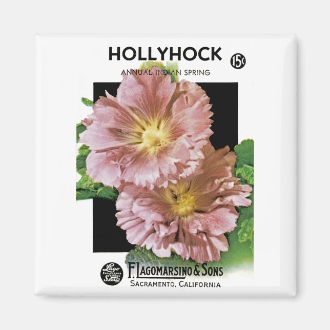 Hollyhock Vintage Seed Packet Magnet (Framsidan)