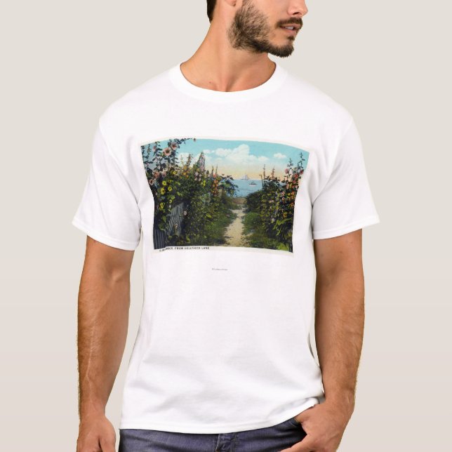 Hollyhocklanen beskådar av hamnen t-shirt (Framsida)