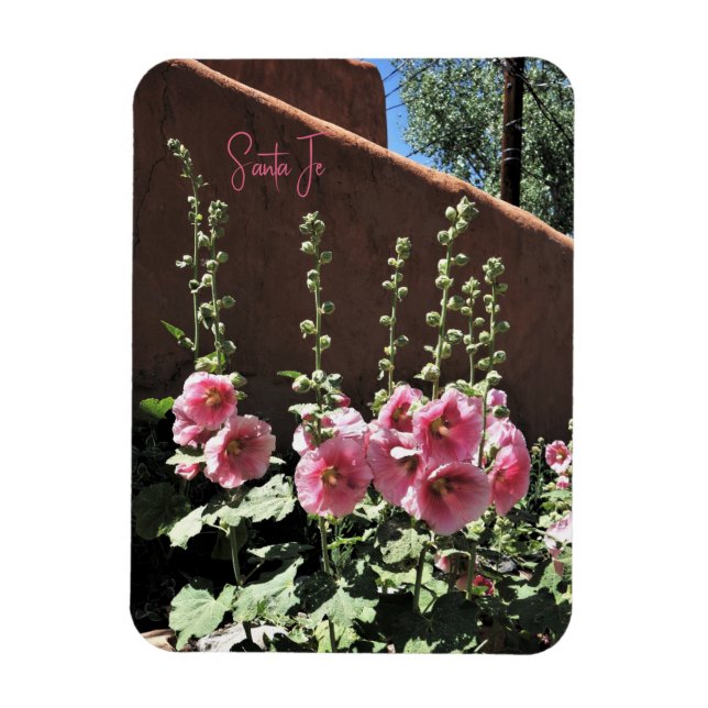 Hollyhocks och Adobe Santa Fe New mexico Magnet (Vertikal)