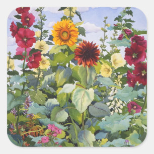 Hollyhocks och solrosor 2005 fyrkantigt klistermärke