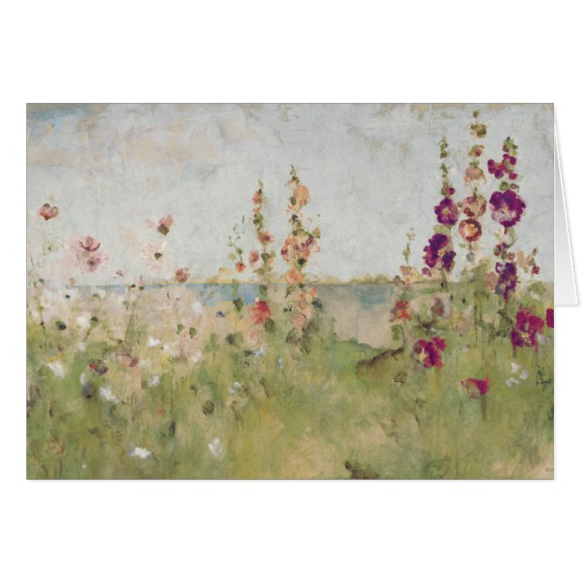 Hollyhocks vid havet hälsningskort (Framsidan Horizontal)