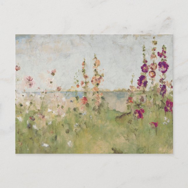 Hollyhocks vid havet vykort (Framsida)