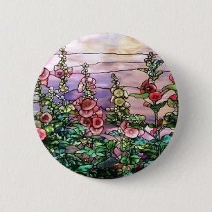 Hollyhocks Vintage Blommigt Tiffany Stached Glass Knapp