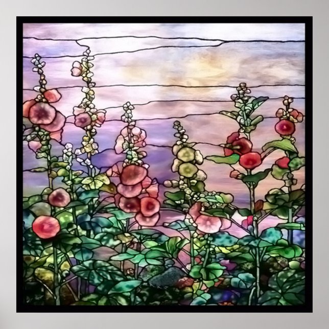 Hollyhocks Vintage Blommigt Tiffany Stached Glass Poster (Framsidan)