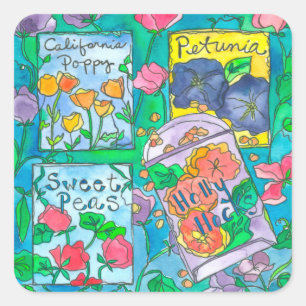 Hollyhocks Watercolor Flowers Fyrkantigt Klistermärke